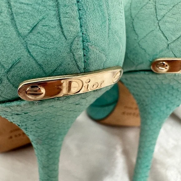 Dior Turquoise Python Embossed Leather Peep-Toe Pumps - Picture 9 of 12